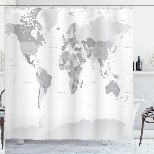 Grey Shower Curtain with World Map, 69" W x 75" L