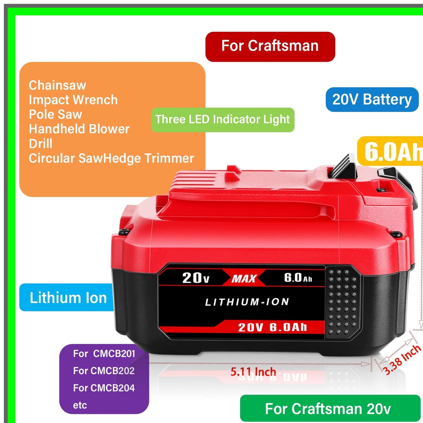 20V 6.0Ah Lithium Ion Replacement Battery for CMCB Series Tools