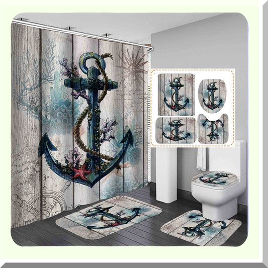 Vintage Blue Anchor Shower Curtain Set with Rugs