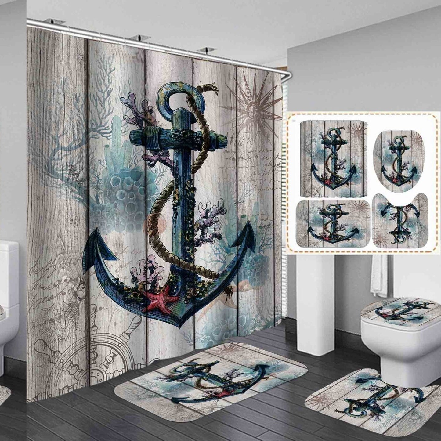 Vintage Blue Anchor Shower Curtain Set with Rugs