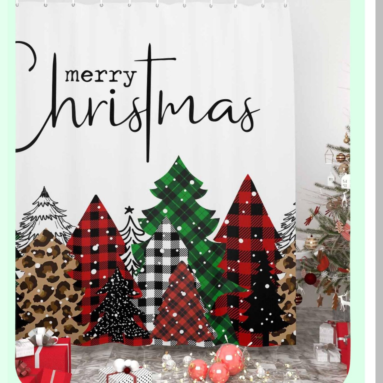 Buffalo Plaid Xmas Tree Shower Curtain 72x72 Inches