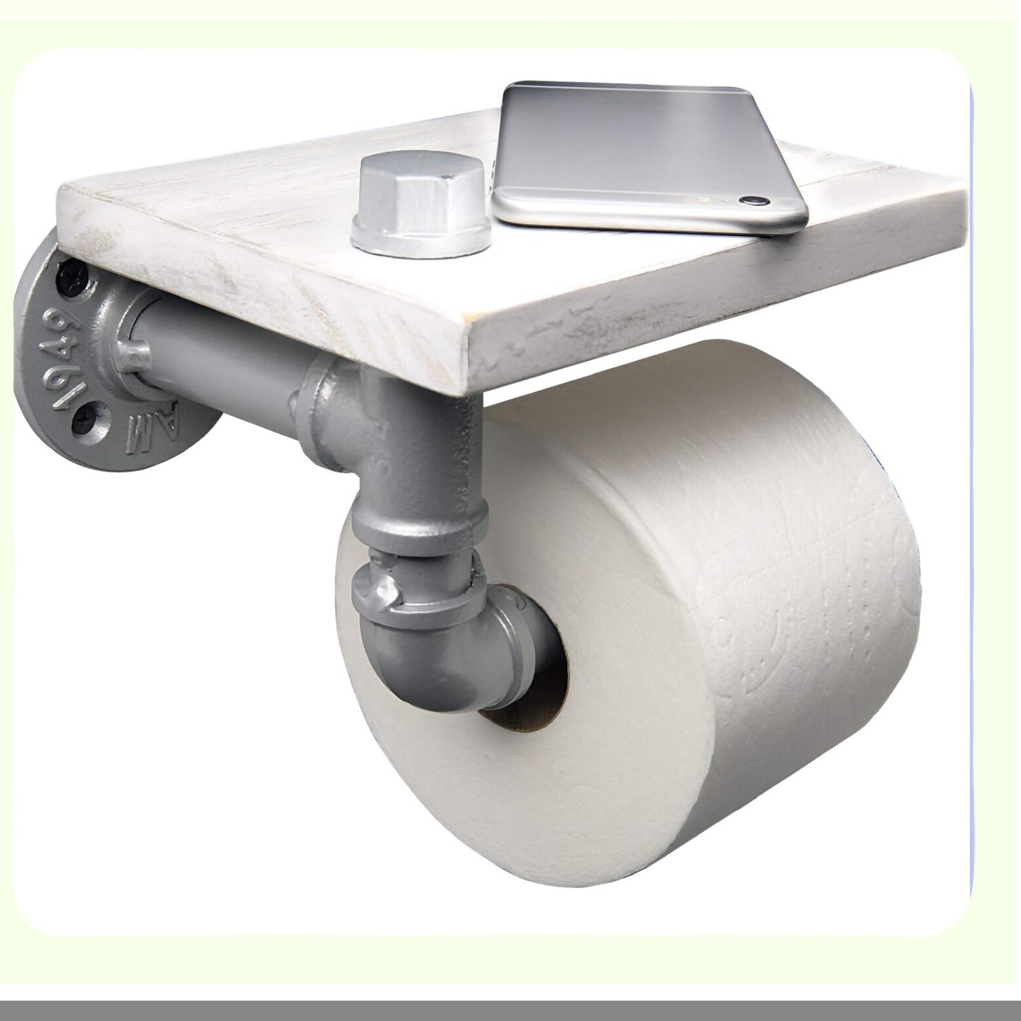 Industrial White Wooden Shelf Tissue Holder with Silver Pipe Hardware