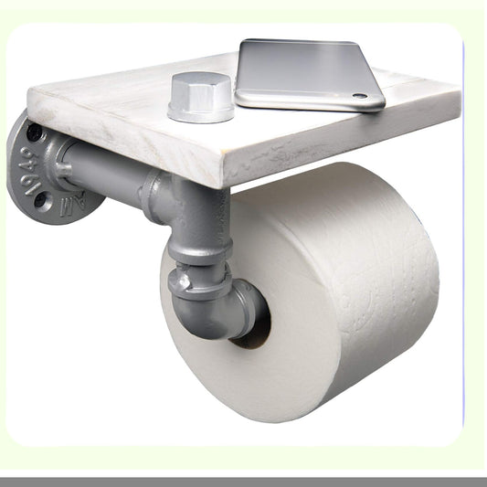 Industrial White Wooden Shelf Tissue Holder with Silver Pipe Hardware