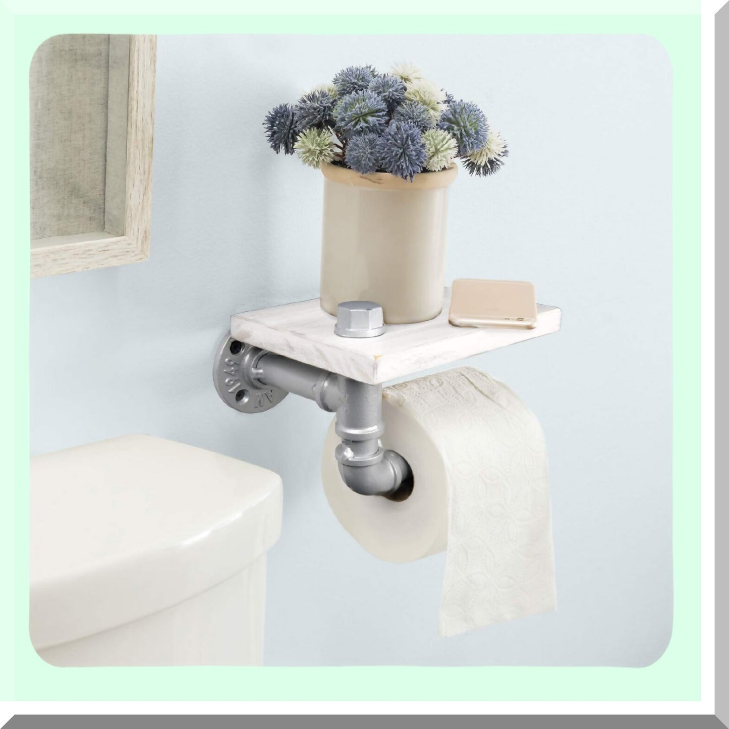 Industrial White Wooden Shelf Tissue Holder with Silver Pipe Hardware