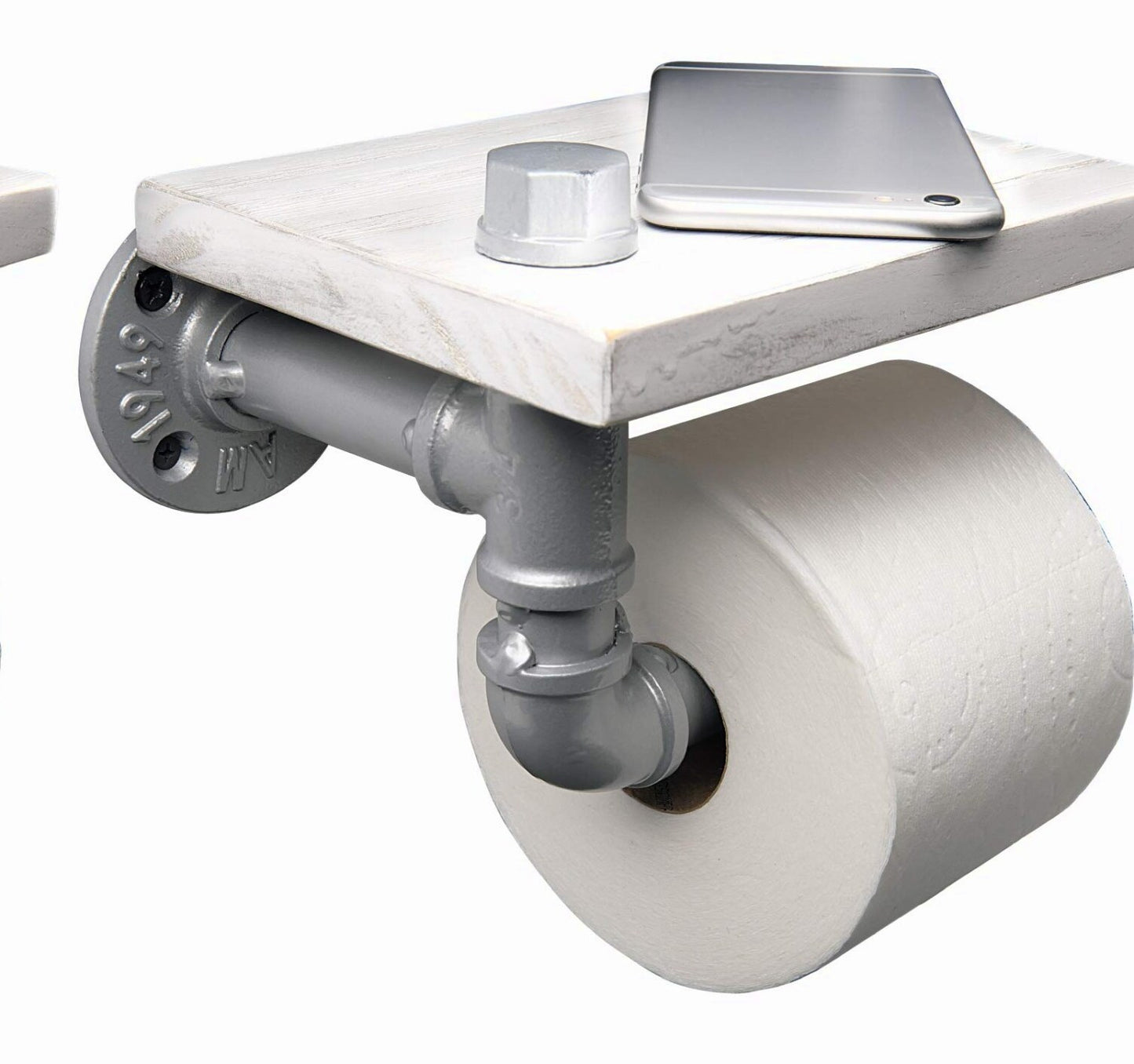Industrial White Wooden Shelf Tissue Holder with Silver Pipe Hardware