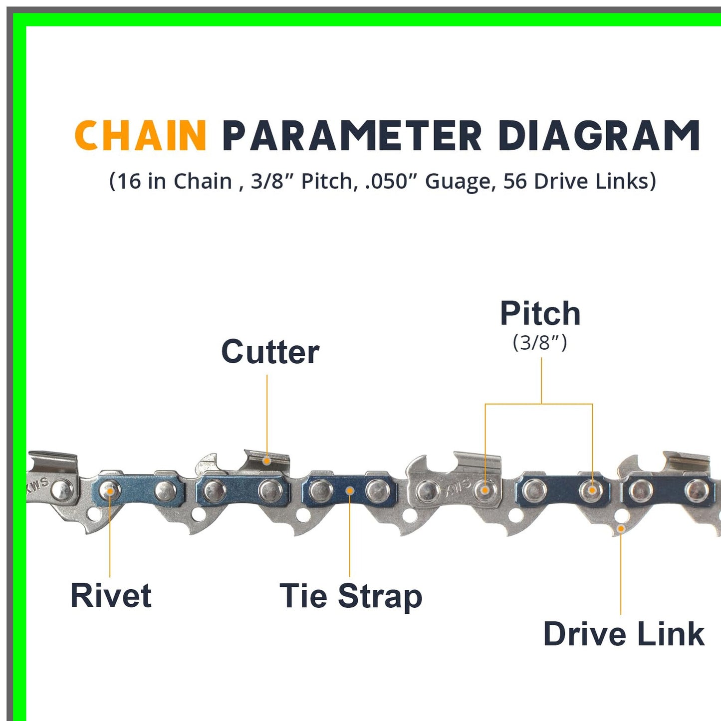 16 Inch Chainsaw Chains 3 Pack 3/8 LP Pitch 050 Gauge Fits Multiple Brands