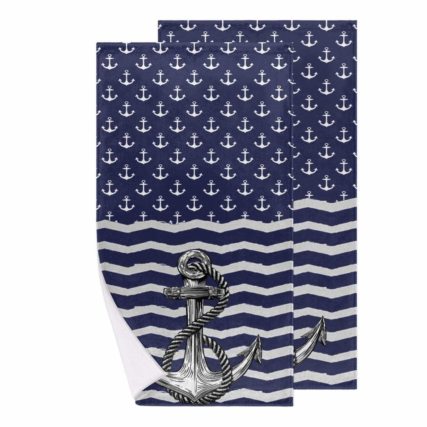 Nautical White Stripe Hand Towels Set of 2 28x14 Inch