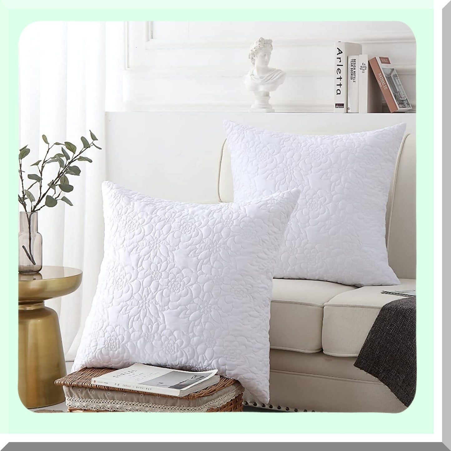 Luxury Rose White Pillow Cover Set - 2 Pack Euro Sham & Lumbar Pillow Covers 26"X26" - Soft Decorative Cushion Cases for Home Décor & Bedding