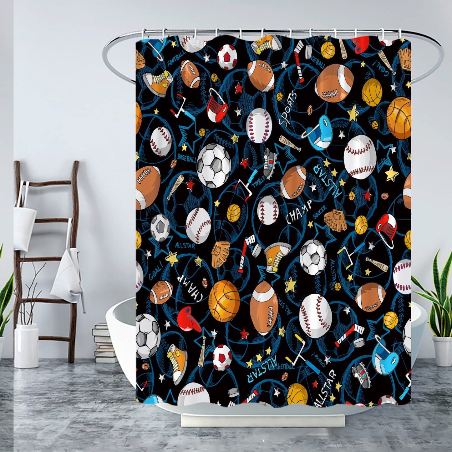 Sports Shower Curtain for Boys Teens Blue 70x70 inch