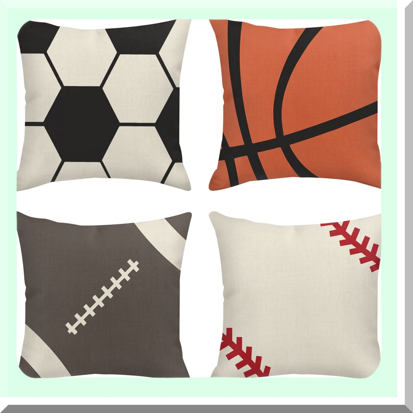 Sports Fan Linen Throw Pillow Covers - Set of 4 Rustic Soccer Baseball Football Decorative Cases for Home Decor. Square 18 x 18 Inches Pillowcases.