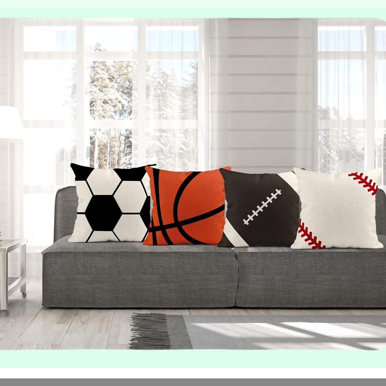 Sports Fan Linen Throw Pillow Covers - Set of 4 Rustic Soccer Baseball Football Decorative Cases for Home Decor. Square 18 x 18 Inches Pillowcases.