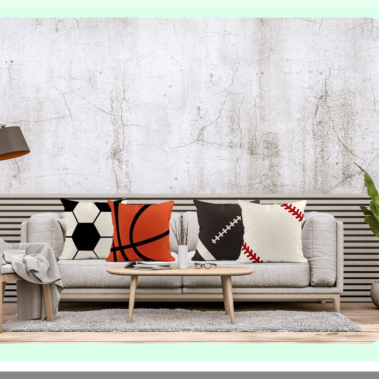 Sports Fan Linen Throw Pillow Covers - Set of 4 Rustic Soccer Baseball Football Decorative Cases for Home Decor. Square 18 x 18 Inches Pillowcases.