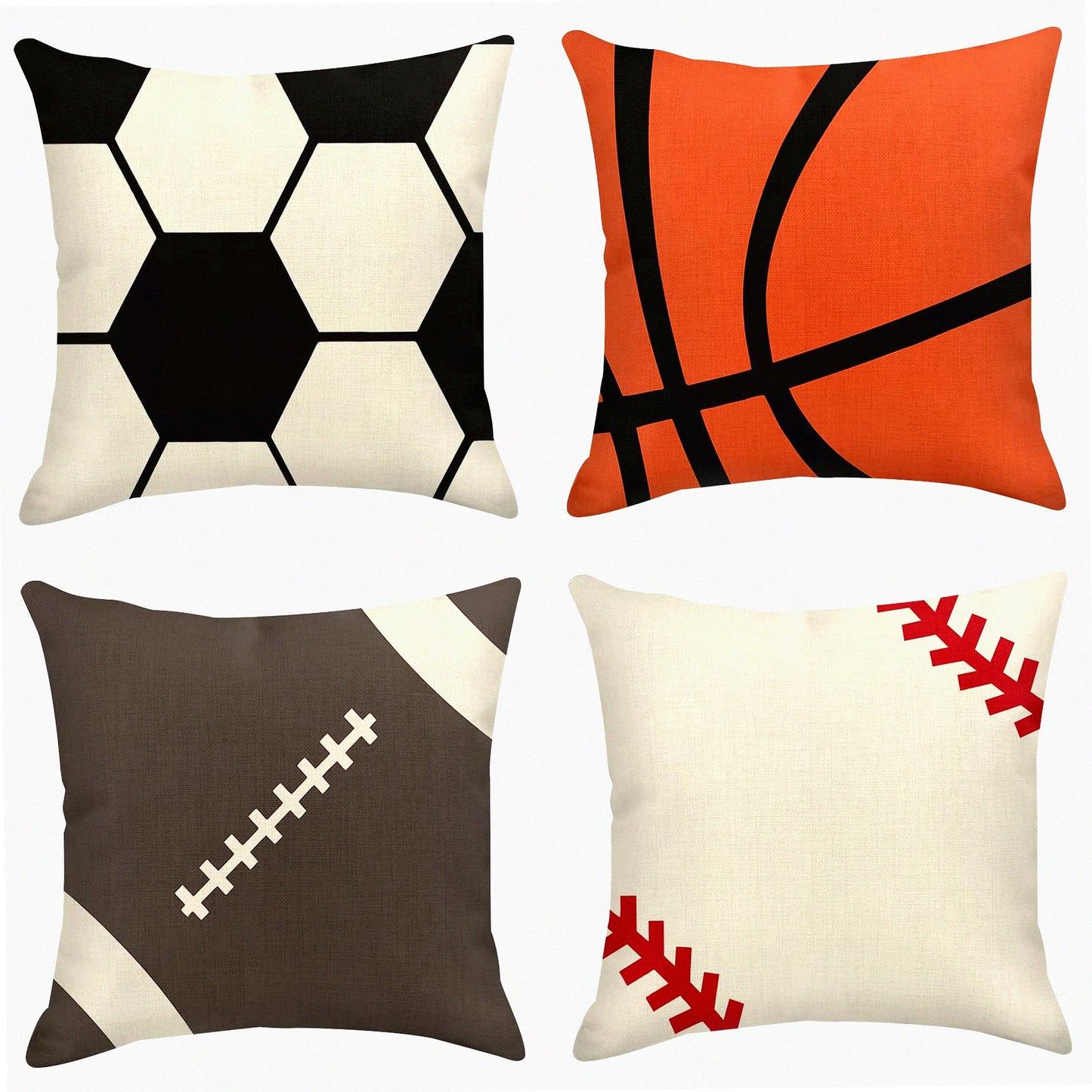 Sports Fan Linen Throw Pillow Covers - Set of 4 Rustic Soccer Baseball Football Decorative Cases for Home Decor. Square 18 x 18 Inches Pillowcases.
