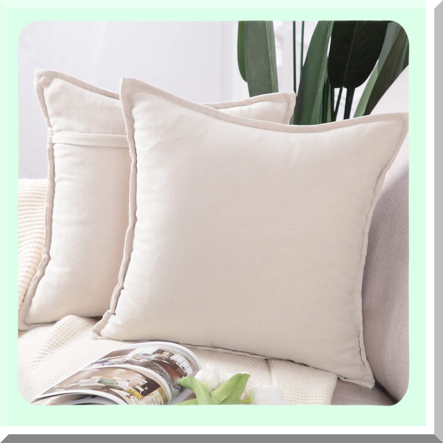 Ivory Chenille Soft Pillow Covers - Set of 2 20x20 Inch Decorative Cushion Shell for Sofa & Bedroom - Short Throw Pillow Cover