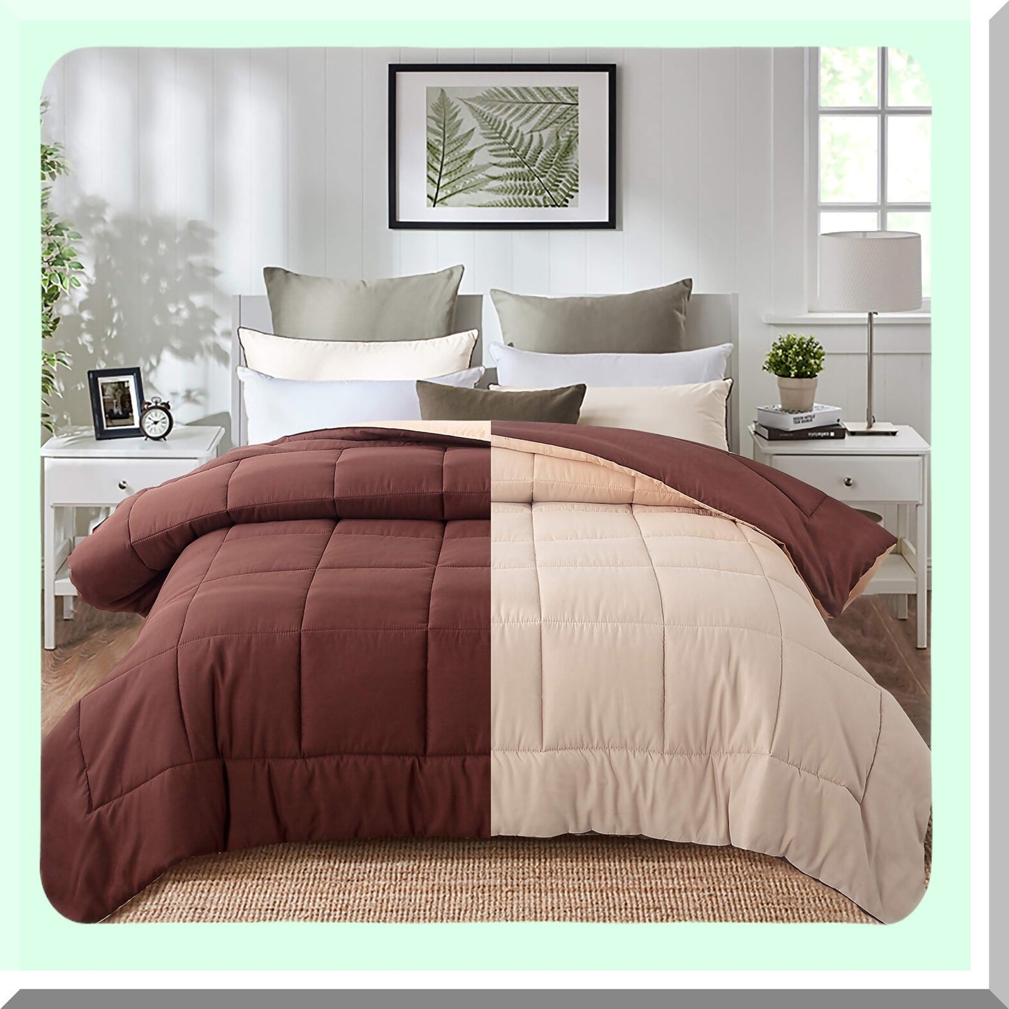 Luxury Soft Down Alternative Comforter - All Season Microfiber Reversible Bedding Set - Full/Queen Size - Box Stitched - Brown/Taupe Color Palette