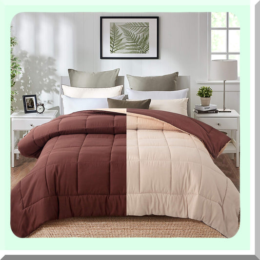 Luxury Soft Down Alternative Comforter - All Season Microfiber Reversible Bedding Set - Full/Queen Size - Box Stitched - Brown/Taupe Color Palette