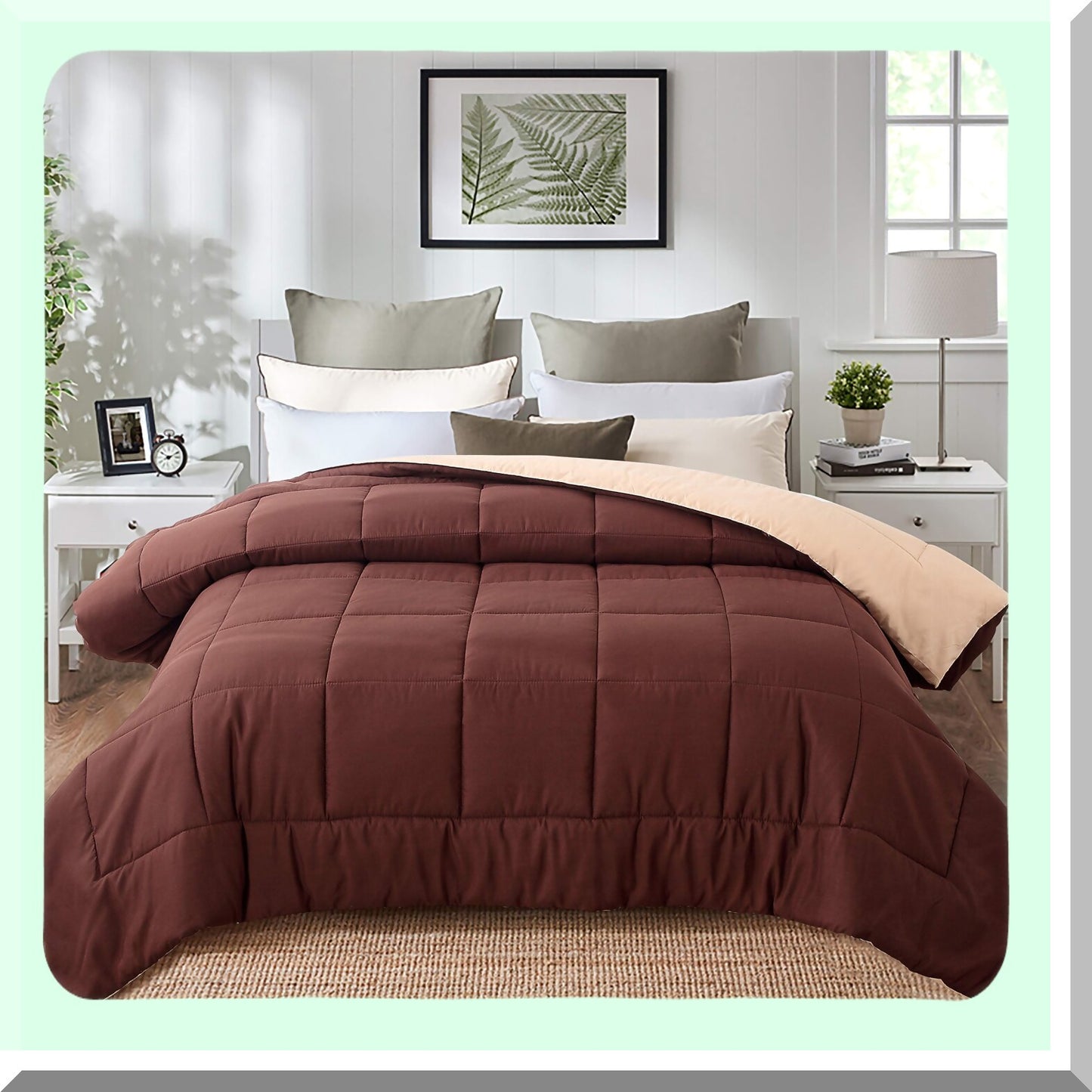 Luxury Soft Down Alternative Comforter - All Season Microfiber Reversible Bedding Set - Full/Queen Size - Box Stitched - Brown/Taupe Color Palette