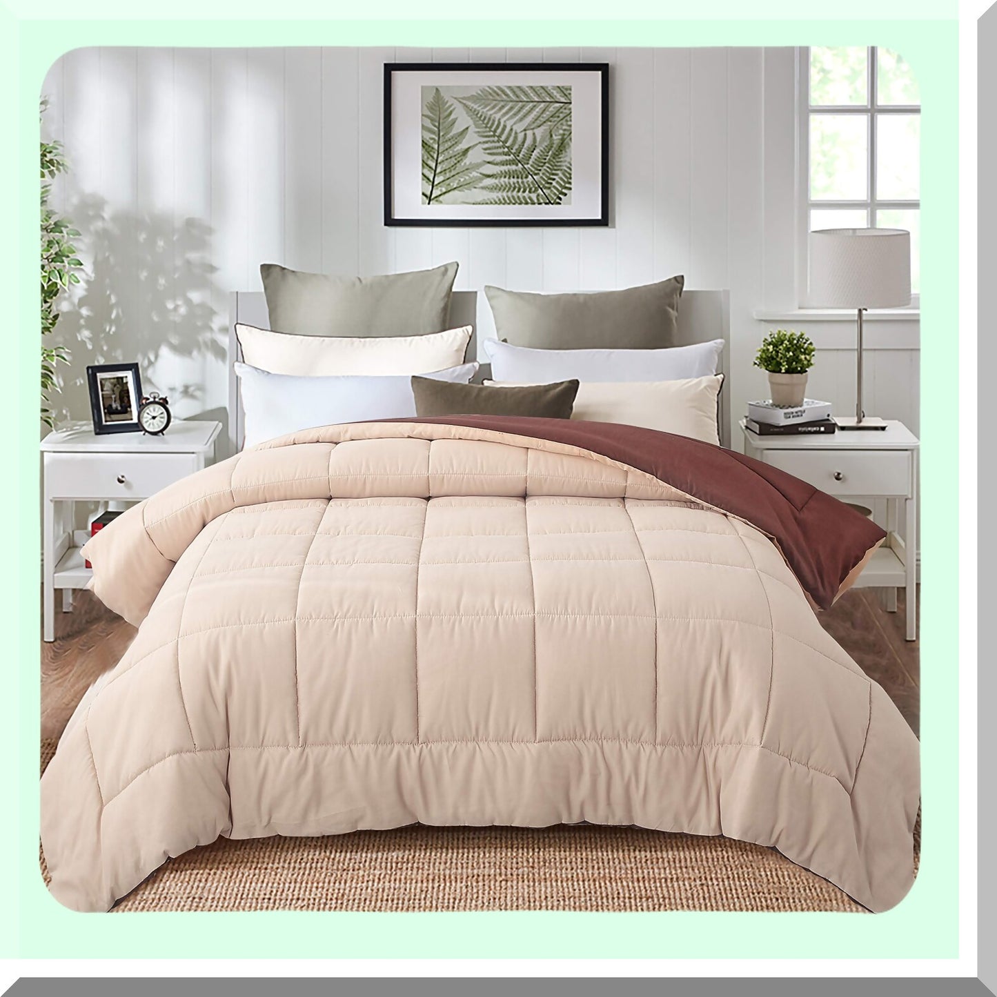Luxury Soft Down Alternative Comforter - All Season Microfiber Reversible Bedding Set - Full/Queen Size - Box Stitched - Brown/Taupe Color Palette