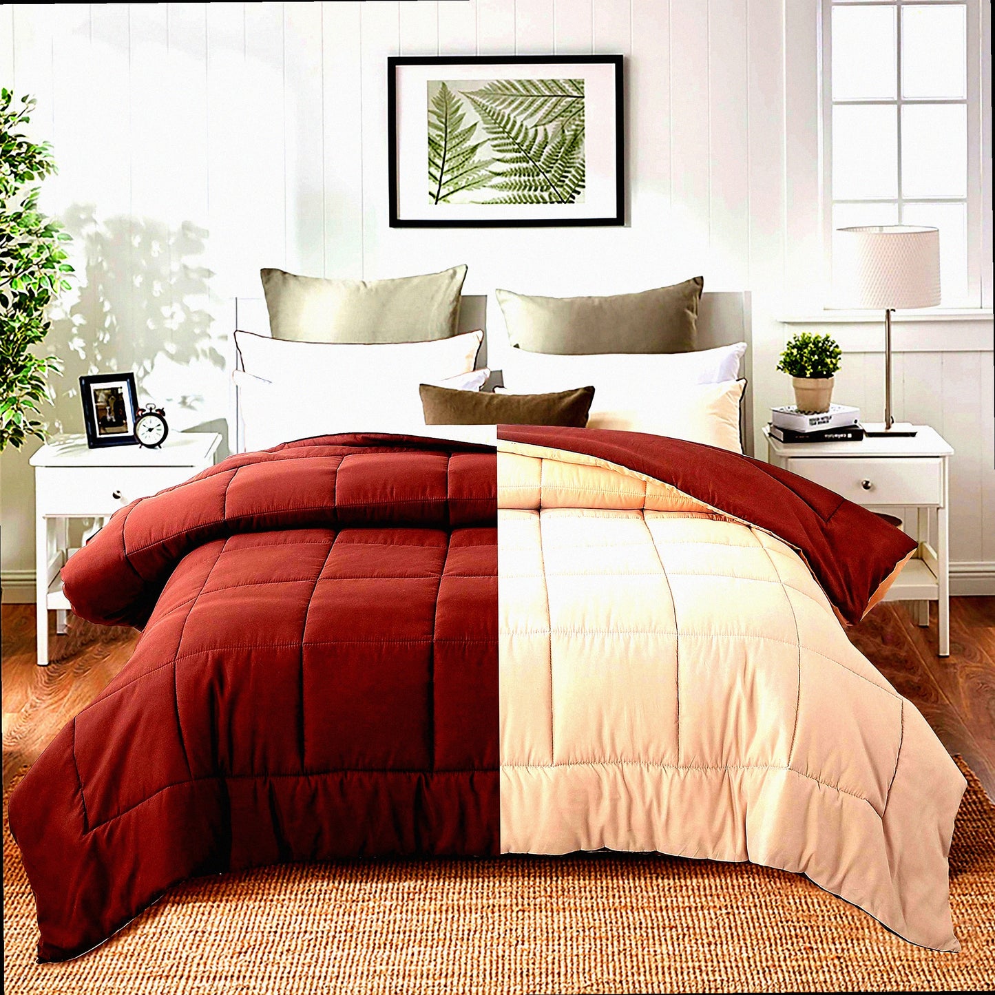 Luxury Soft Down Alternative Comforter - All Season Microfiber Reversible Bedding Set - Full/Queen Size - Box Stitched - Brown/Taupe Color Palette