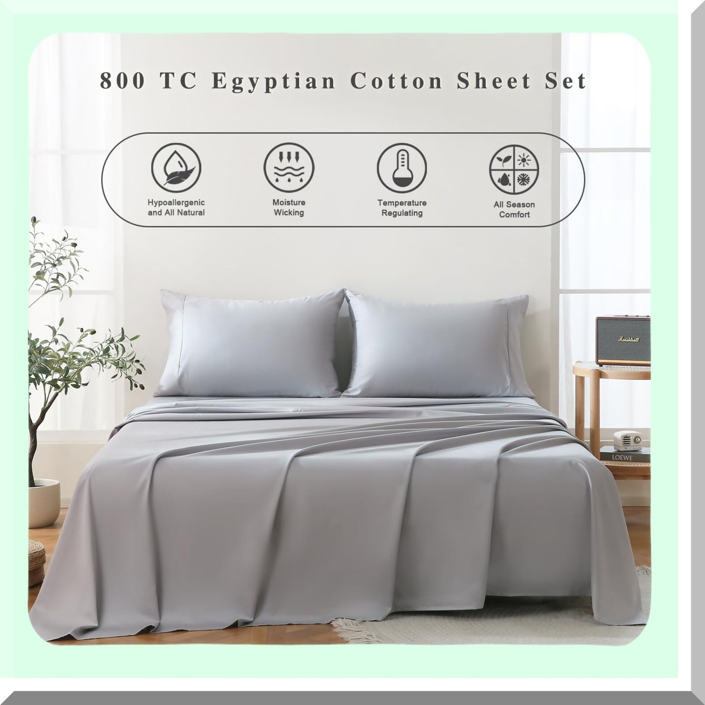 Luxury Cool Breeze Full Size Cotton Sheets - 800 Thread Count Soft Sateen Weave Hotel Sheets - Breathable & Cooling - Light Grey - 4 Piece Set
