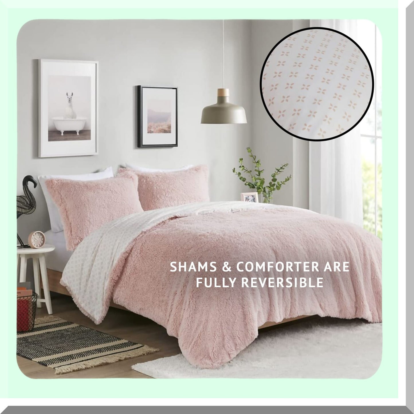 PetalPrint Cozy Comforter Set - Lightweight Fuzzy Bedding with Matching Sham - Blush Full/Queen 3 Piece - All Season Reversible Shaggy Design