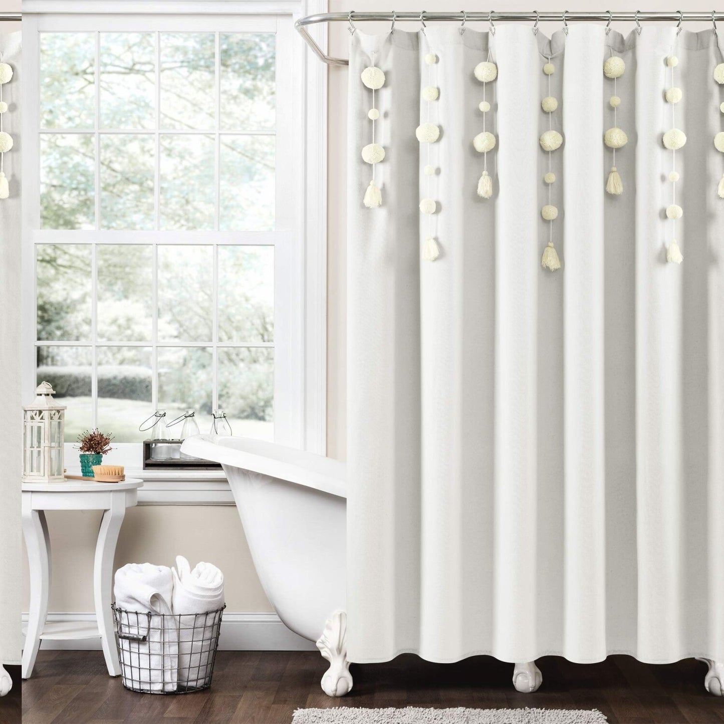 Boho Pom Pom Tel Linen Shower Curtain 72x72 Off White