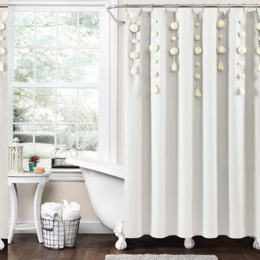 Boho Pom Pom Tel Linen Shower Curtain 72x72 Off White
