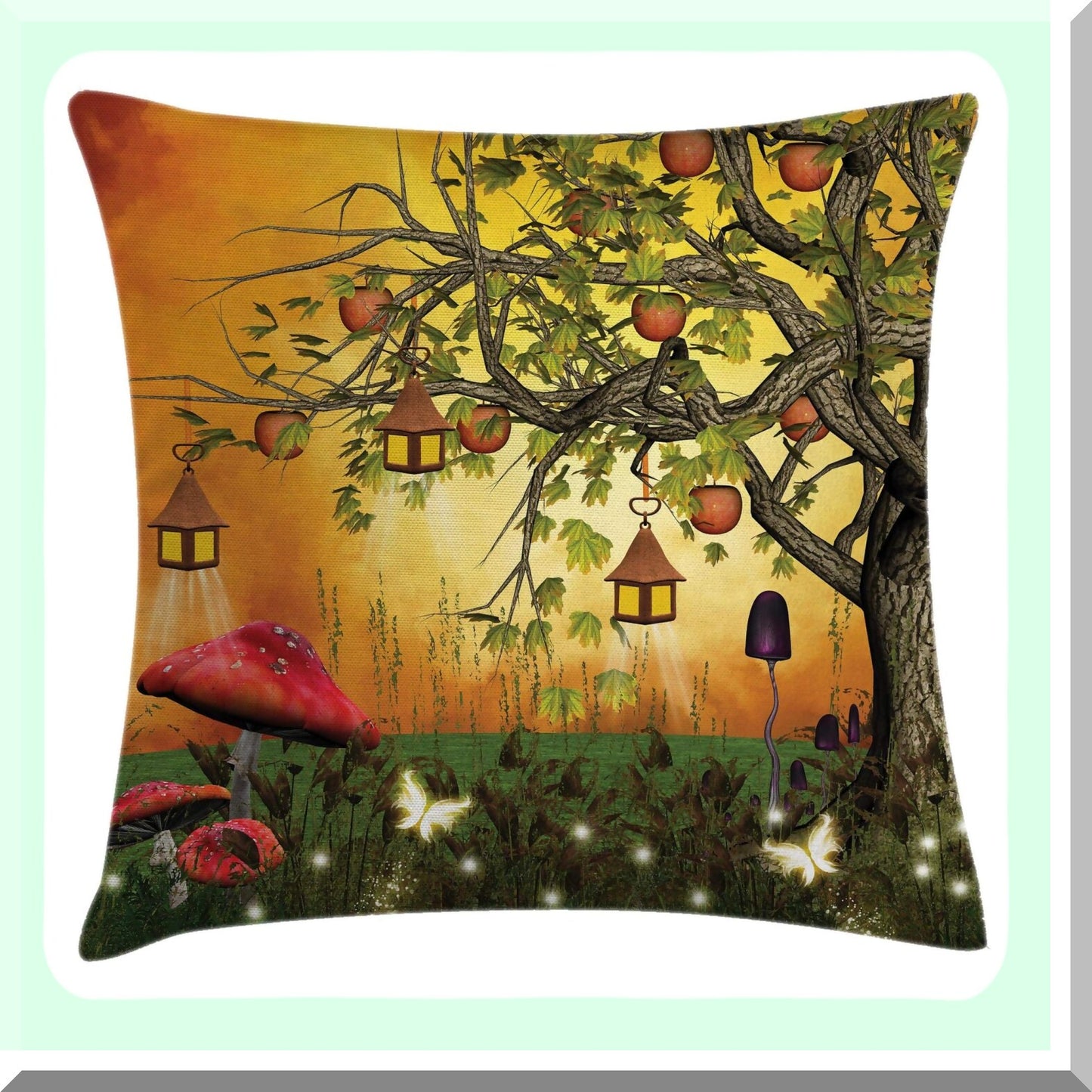 Enchanted Forest Fantasy Decorative Pillow Cover - Fairies Butterflies Elves Apple Tree Universe - Square Accent Case 18" X 18" Orange