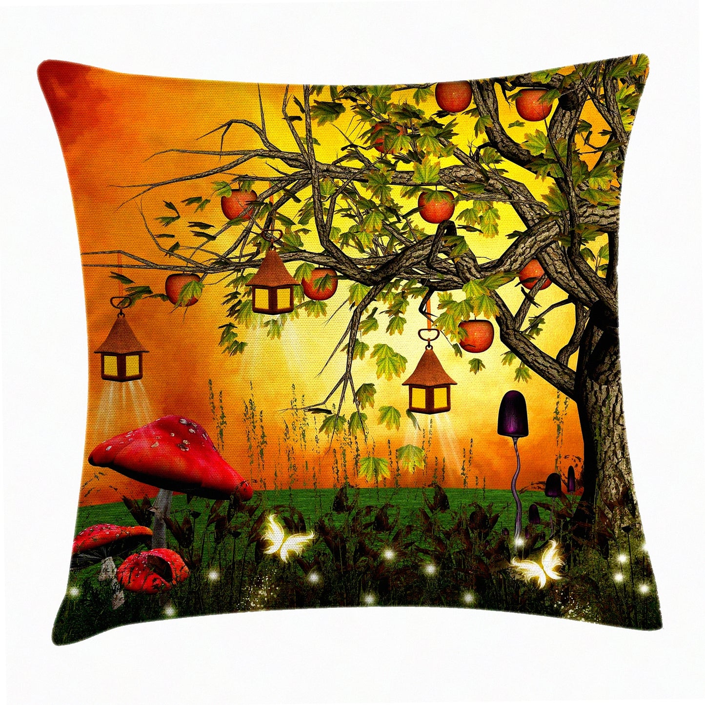 Enchanted Forest Fantasy Decorative Pillow Cover - Fairies Butterflies Elves Apple Tree Universe - Square Accent Case 18" X 18" Orange