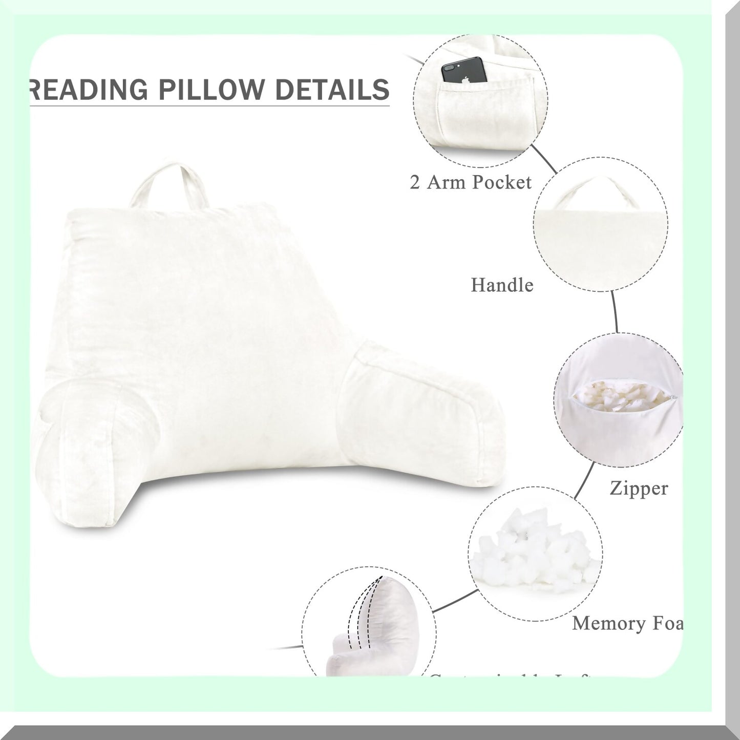 MemoryFoam Comfort Rest Pillow - Supportive Reading Pillow with Arms & Back Support for Sitting in Bed - Removable Cover - 18 X 15 Inches White