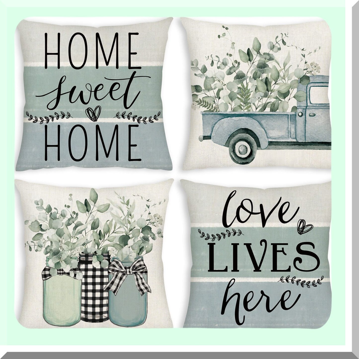 Eucalyptus Bliss Sage Green Pillow Covers - Set of 4 Farmhouse Decorative Throw Pillow Covers for Couch Sofa, Home Sweet Home Decorations - 18x18 Outdoor Fall Winter Spring Summer
