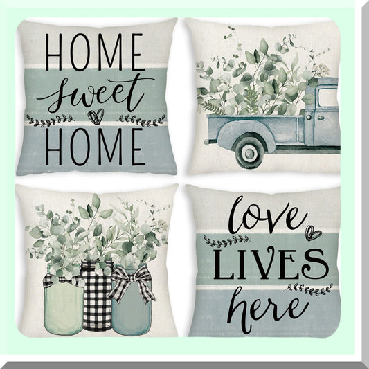 Eucalyptus Bliss Sage Green Pillow Covers - Set of 4 Farmhouse Decorative Throw Pillow Covers for Couch Sofa, Home Sweet Home Decorations - 18x18 Outdoor Fall Winter Spring Summer