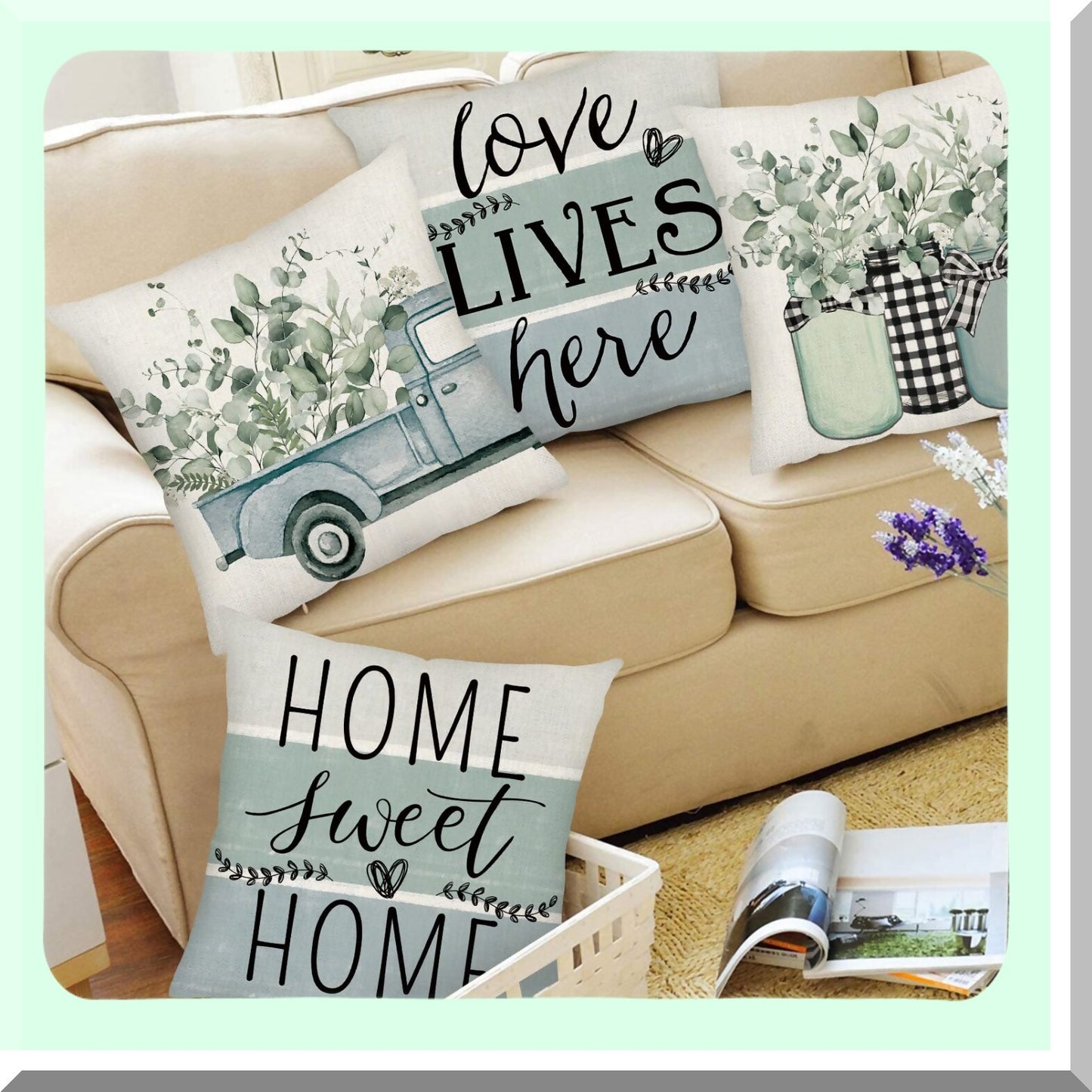 Eucalyptus Bliss Sage Green Pillow Covers - Set of 4 Farmhouse Decorative Throw Pillow Covers for Couch Sofa, Home Sweet Home Decorations - 18x18 Outdoor Fall Winter Spring Summer