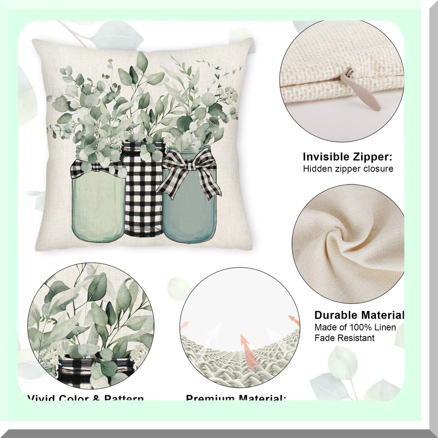 Eucalyptus Bliss Sage Green Pillow Covers - Set of 4 Farmhouse Decorative Throw Pillow Covers for Couch Sofa, Home Sweet Home Decorations - 18x18 Outdoor Fall Winter Spring Summer