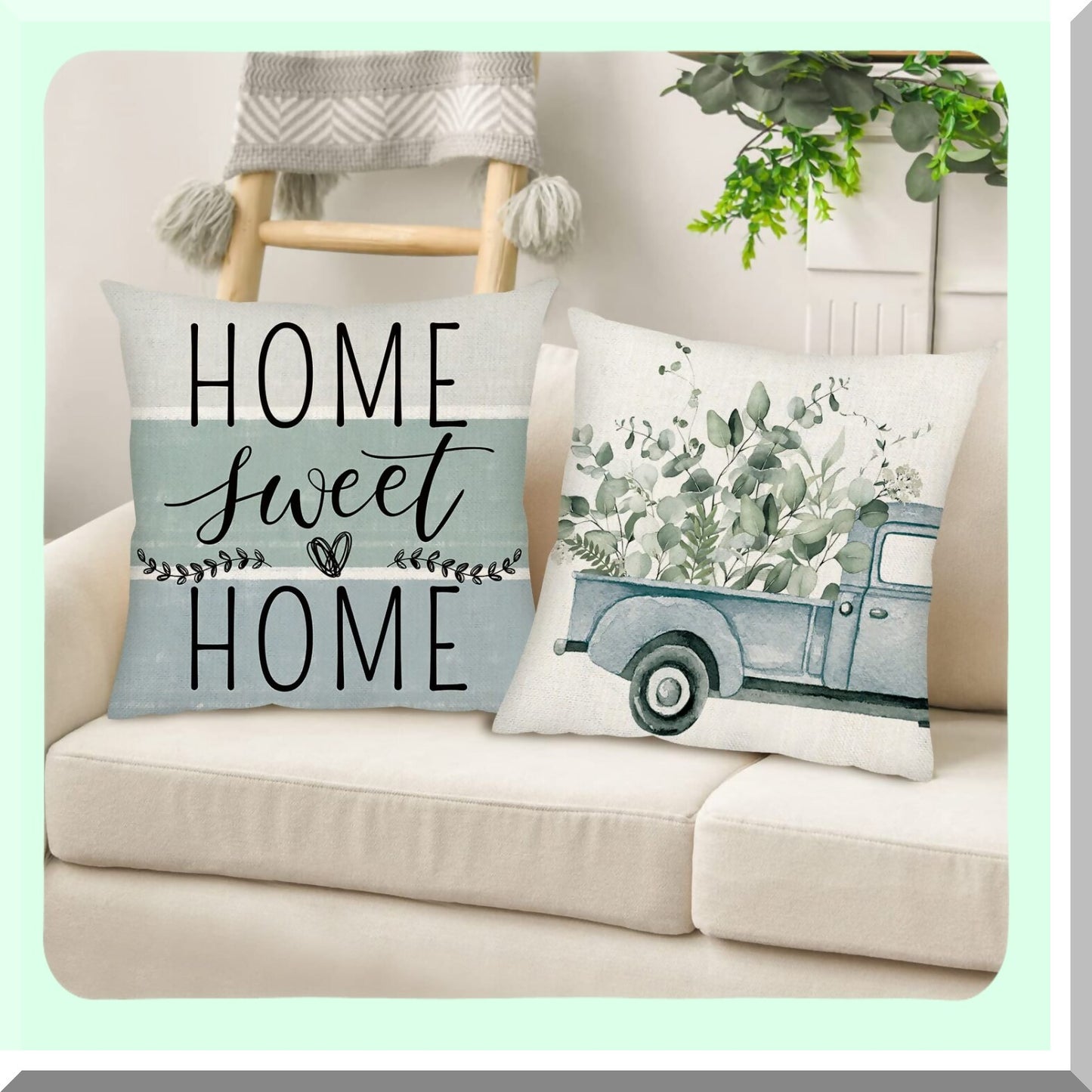 Eucalyptus Bliss Sage Green Pillow Covers - Set of 4 Farmhouse Decorative Throw Pillow Covers for Couch Sofa, Home Sweet Home Decorations - 18x18 Outdoor Fall Winter Spring Summer