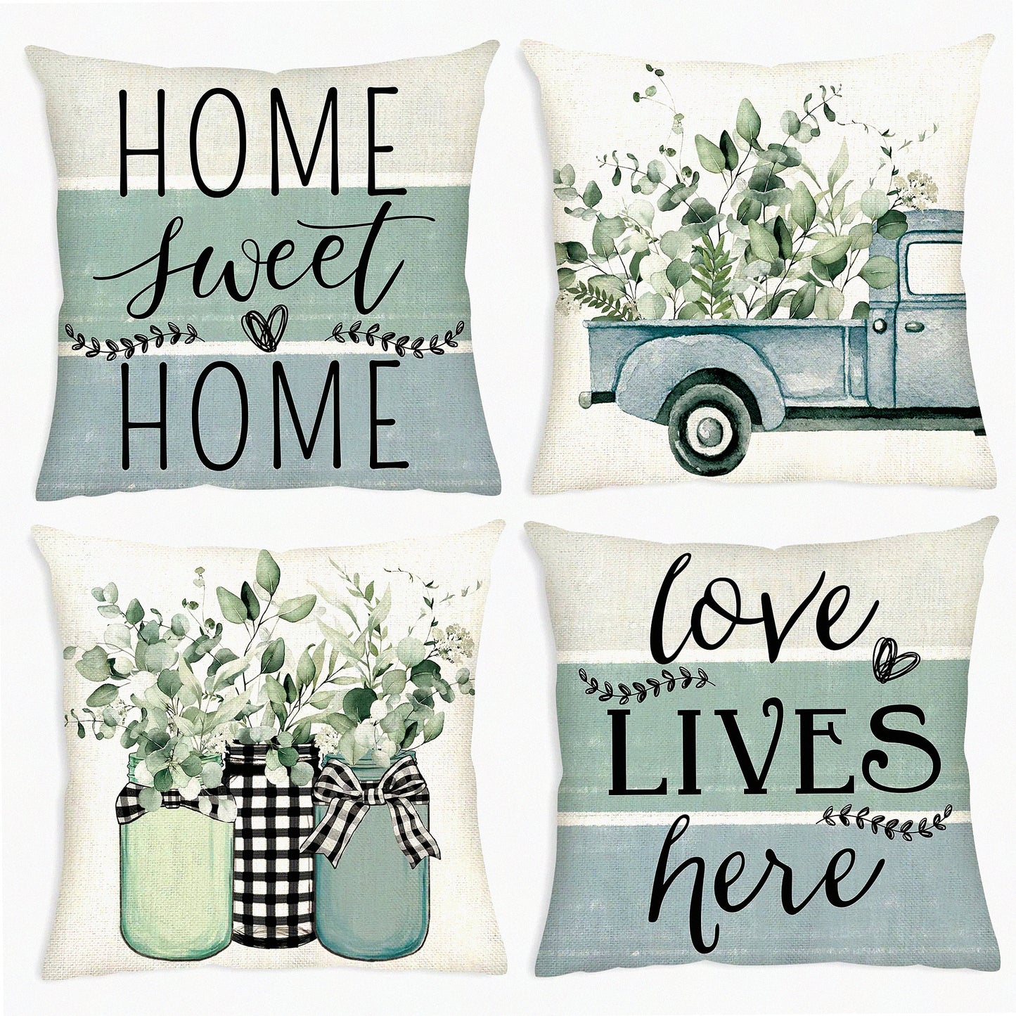 Eucalyptus Bliss Sage Green Pillow Covers - Set of 4 Farmhouse Decorative Throw Pillow Covers for Couch Sofa, Home Sweet Home Decorations - 18x18 Outdoor Fall Winter Spring Summer