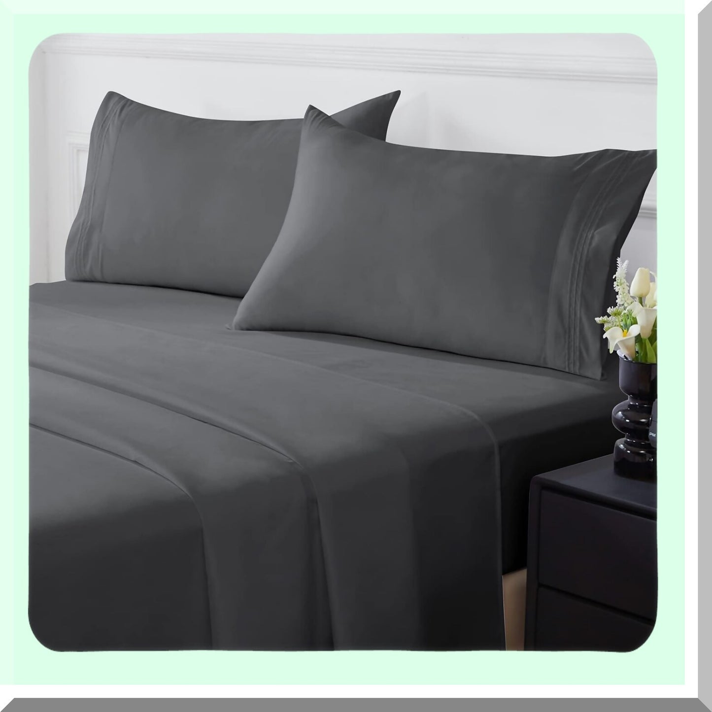 LuxuryCool Queen Sheet Set - 1800 Brushed Microfiber Bedding with Pillowcases. Soft, Breathable, Cooling Sheets with Deep Pocket. Fade Resistant Dark Grey.