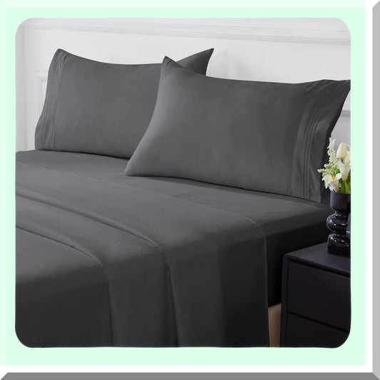 LuxuryCool Queen Sheet Set - 1800 Brushed Microfiber Bedding with Pillowcases. Soft, Breathable, Cooling Sheets with Deep Pocket. Fade Resistant Dark Grey.