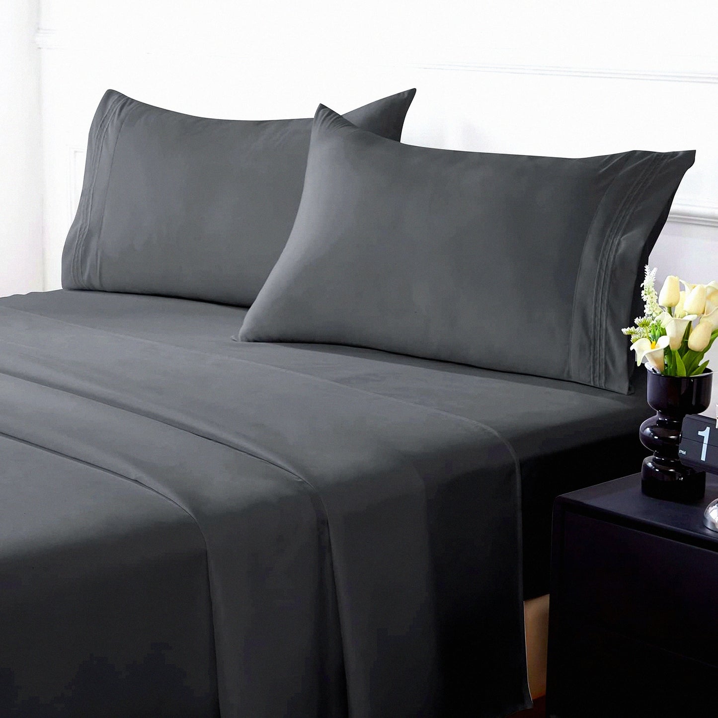 LuxuryCool Queen Sheet Set - 1800 Brushed Microfiber Bedding with Pillowcases. Soft, Breathable, Cooling Sheets with Deep Pocket. Fade Resistant Dark Grey.