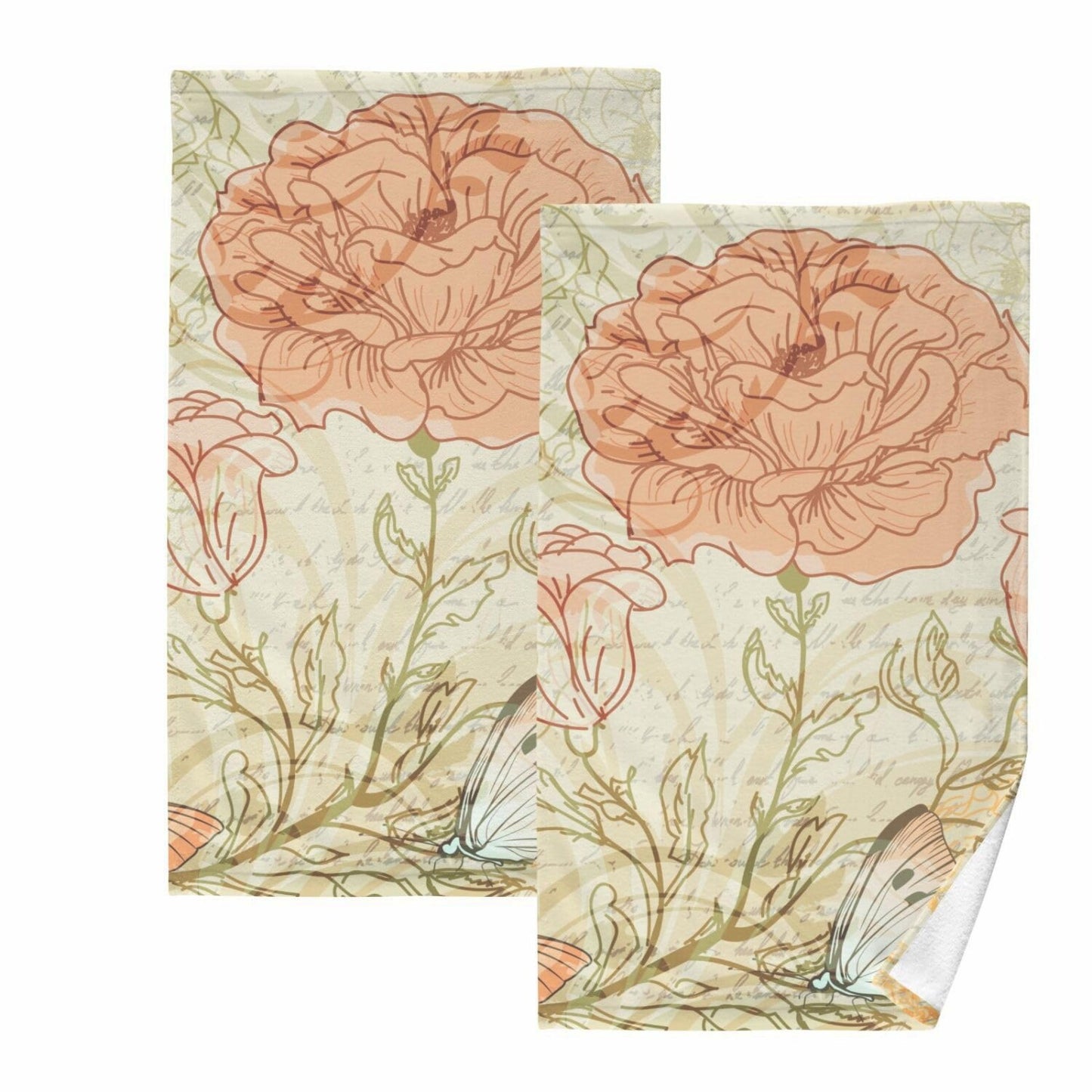 Retro Rose Butterfly Cotton Hand Towel Set 2 16x28 inches