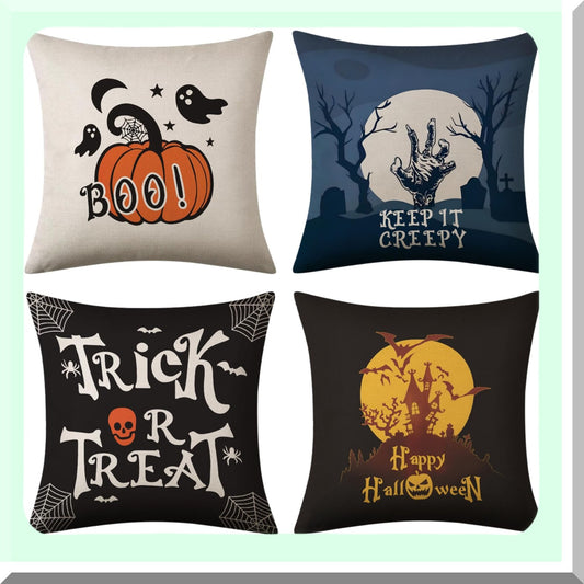 Vintage Halloween Pillow Covers Set - Pumpkins, Spider, Skull, Castle - 18x18 Decorative Throw Pillow Cases for Home Decor - Sofa, Bed, Couch, Car