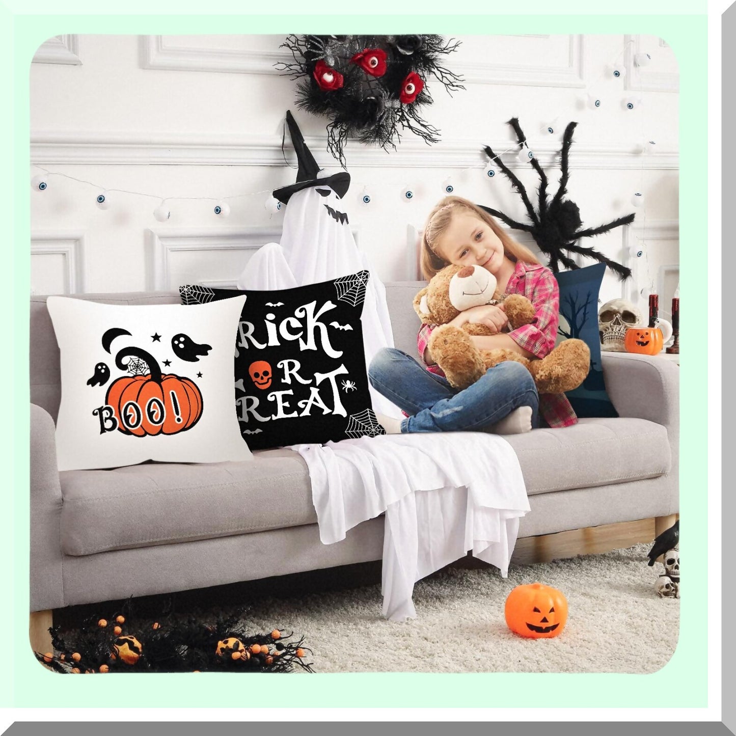 Vintage Halloween Pillow Covers Set - Pumpkins, Spider, Skull, Castle - 18x18 Decorative Throw Pillow Cases for Home Decor - Sofa, Bed, Couch, Car