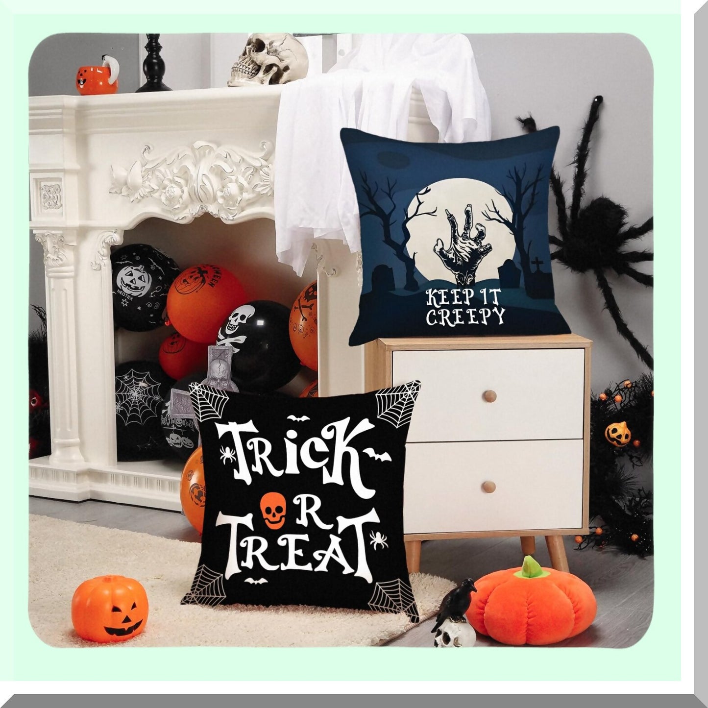 Vintage Halloween Pillow Covers Set - Pumpkins, Spider, Skull, Castle - 18x18 Decorative Throw Pillow Cases for Home Decor - Sofa, Bed, Couch, Car