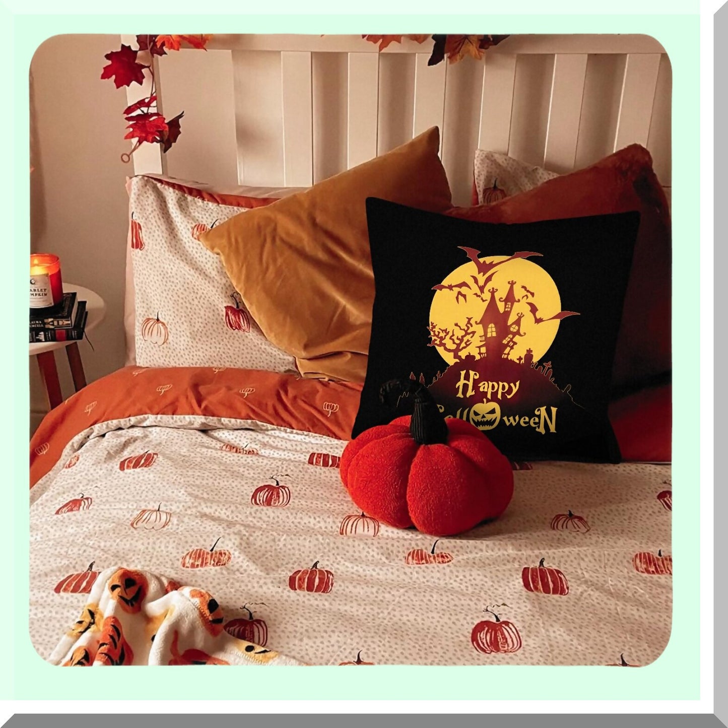 Vintage Halloween Pillow Covers Set - Pumpkins, Spider, Skull, Castle - 18x18 Decorative Throw Pillow Cases for Home Decor - Sofa, Bed, Couch, Car