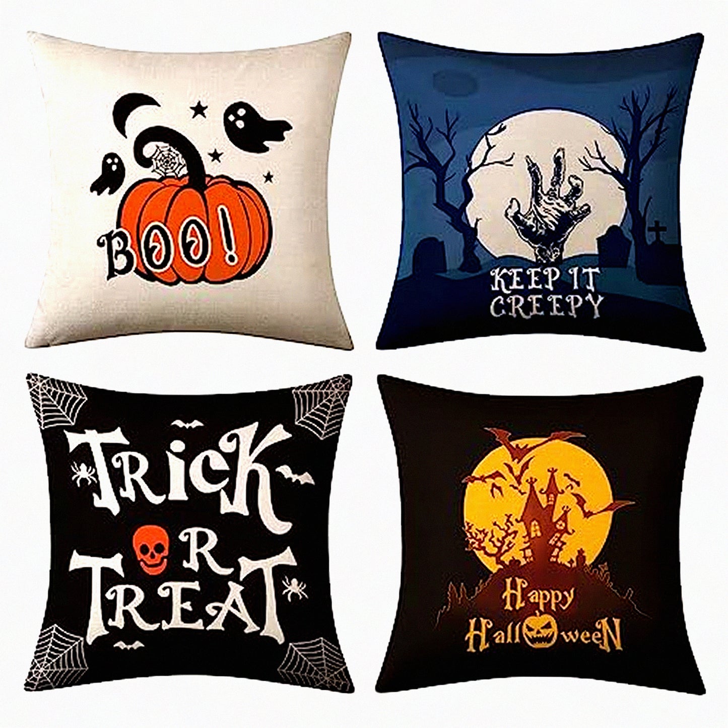 Vintage Halloween Pillow Covers Set - Pumpkins, Spider, Skull, Castle - 18x18 Decorative Throw Pillow Cases for Home Decor - Sofa, Bed, Couch, Car