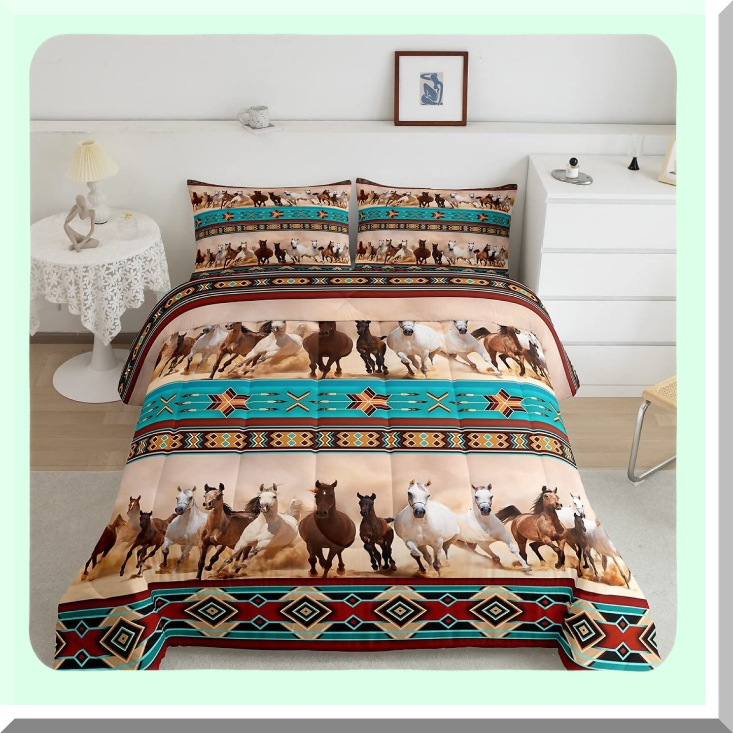 Wild Horse Farmhouse Comforter Set - Boho Exotic Nordic Duvet Insert - African Tribal Vintage Quilt - Full Size Western Rustic Bedding - Bohemian Animal Print