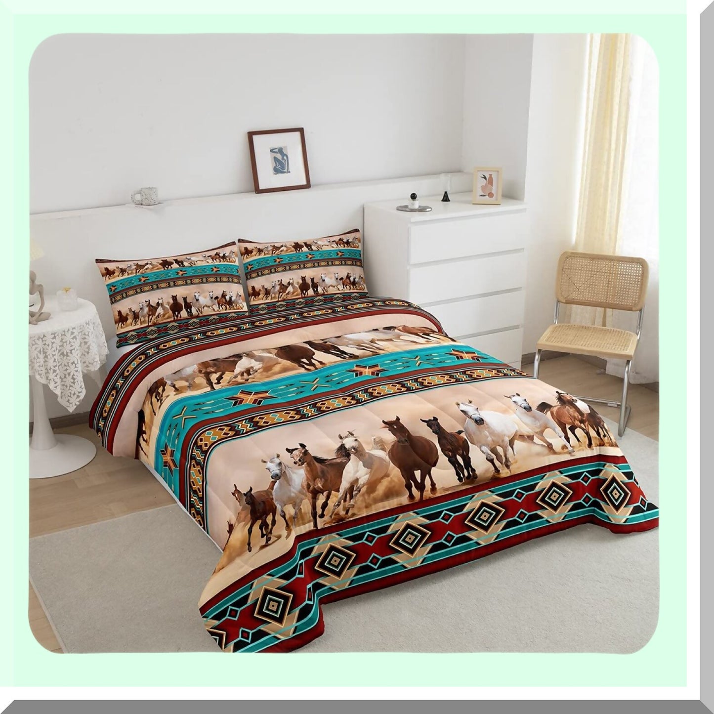 Wild Horse Farmhouse Comforter Set - Boho Exotic Nordic Duvet Insert - African Tribal Vintage Quilt - Full Size Western Rustic Bedding - Bohemian Animal Print