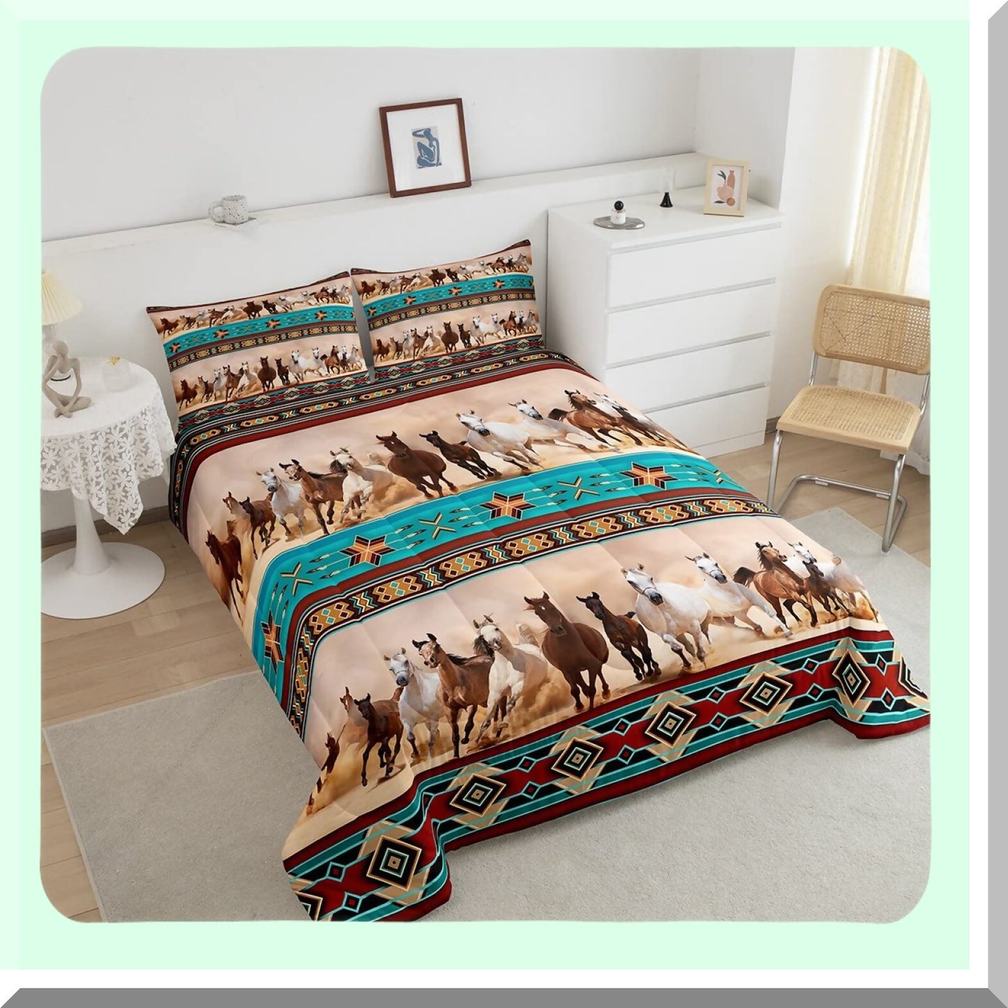 Wild Horse Farmhouse Comforter Set - Boho Exotic Nordic Duvet Insert - African Tribal Vintage Quilt - Full Size Western Rustic Bedding - Bohemian Animal Print