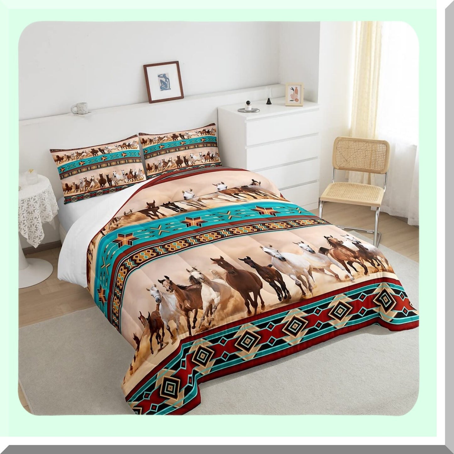 Wild Horse Farmhouse Comforter Set - Boho Exotic Nordic Duvet Insert - African Tribal Vintage Quilt - Full Size Western Rustic Bedding - Bohemian Animal Print
