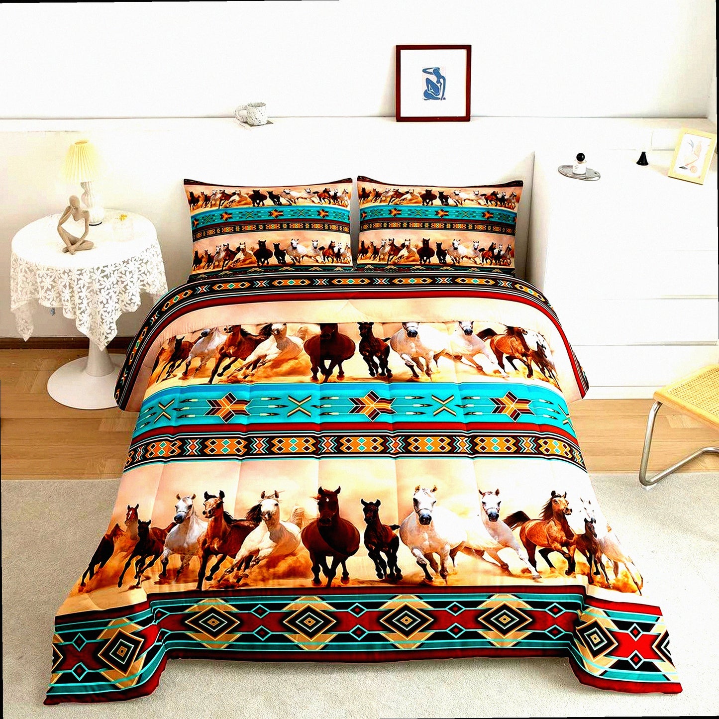 Wild Horse Farmhouse Comforter Set - Boho Exotic Nordic Duvet Insert - African Tribal Vintage Quilt - Full Size Western Rustic Bedding - Bohemian Animal Print